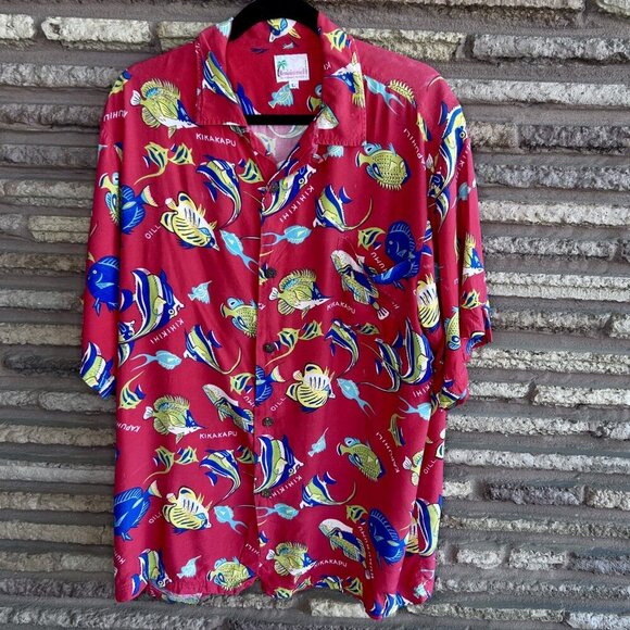 Vintage Reminiscence by Stewart Richer Red Hawaiian Fish Loop Collar Shirt - Picture 2 of 10
